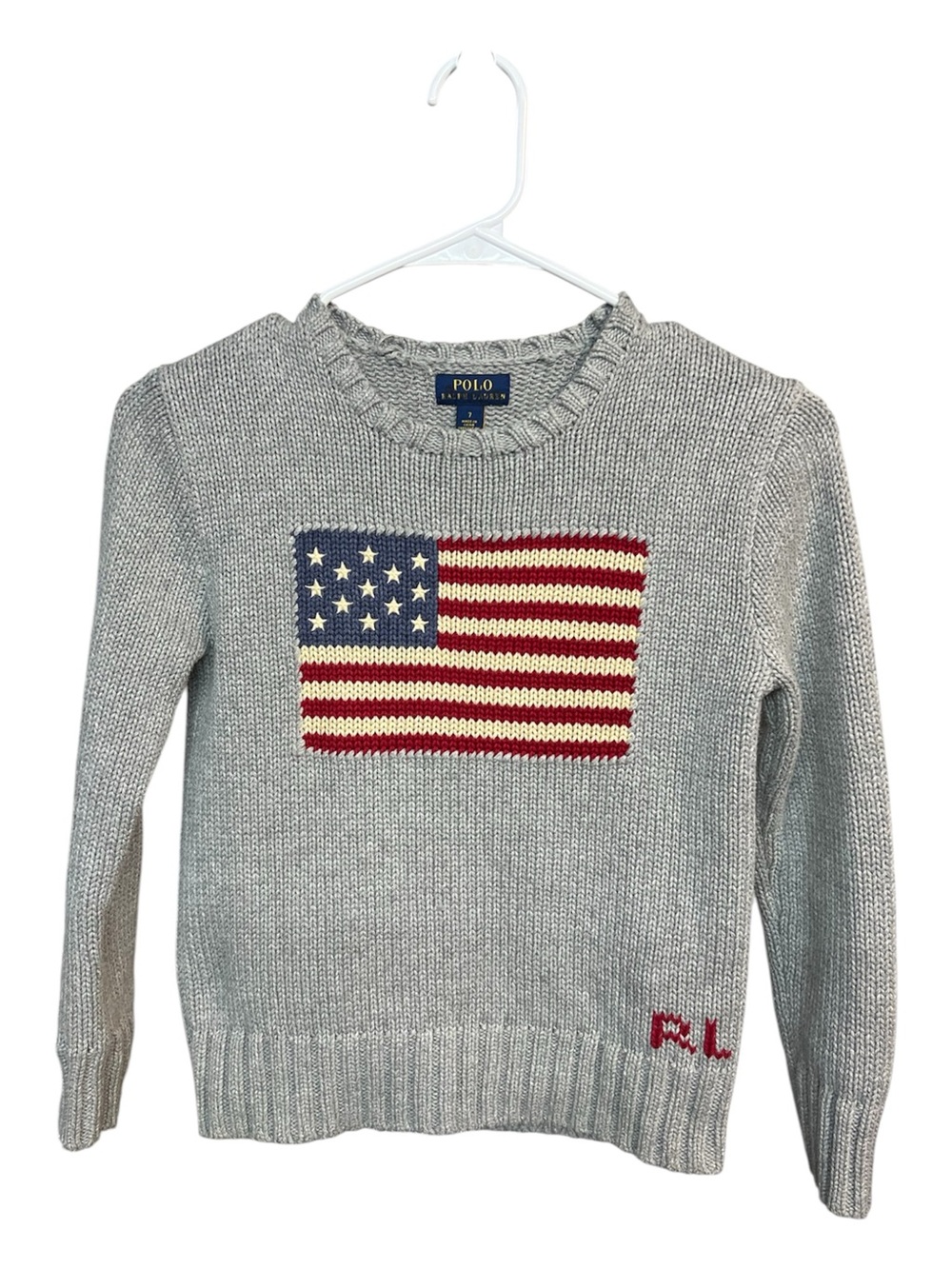 Polo Ralph Lauren Boys Gray Knit Flag Sweater Pullover Size 7 Long Sleeve